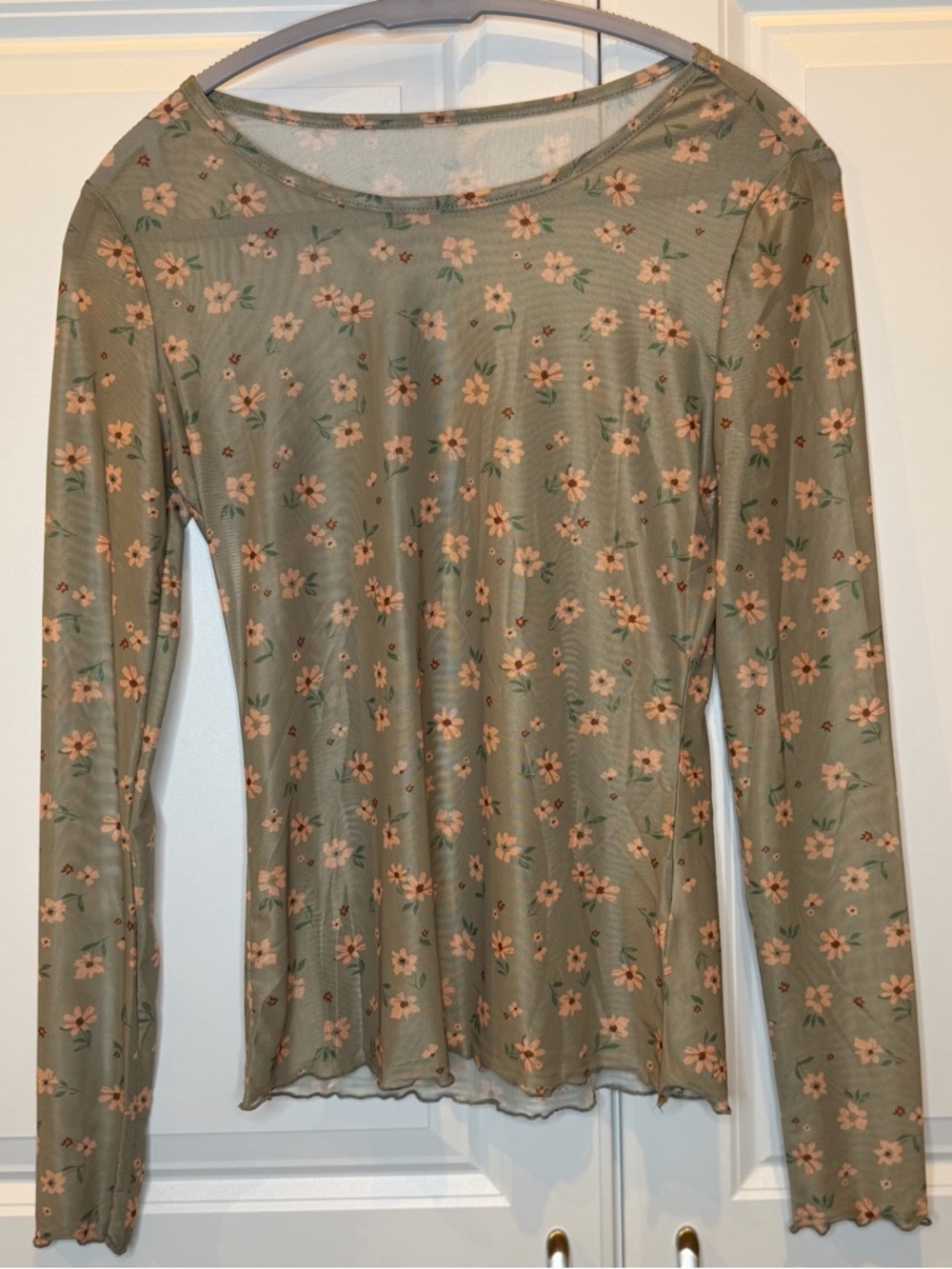 Floral Mesh Long-Sleeve Top - Sage Green